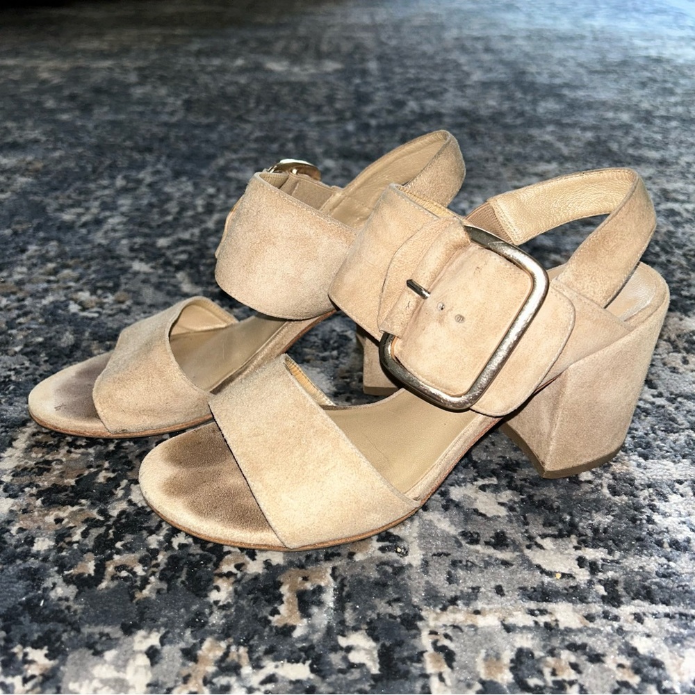 Stuart Weitzman Suede Block Heel Sandals Soho Tan - image 6